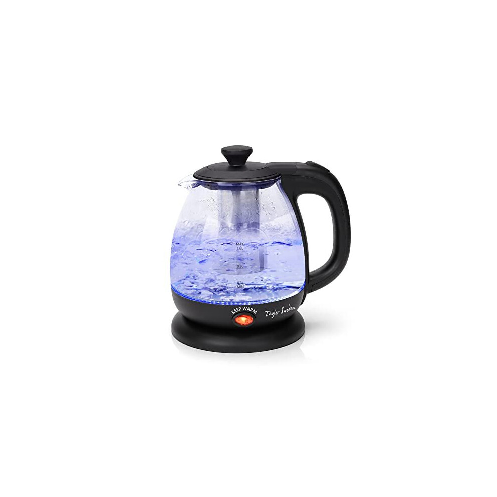 Taylor Swoden Small Electric Kettleï¼ Keep Warm Glass Kettle with Filter Tea Infuserï¼ 2200W 1L Black Cordless Water Tea Kettle for Home and Office