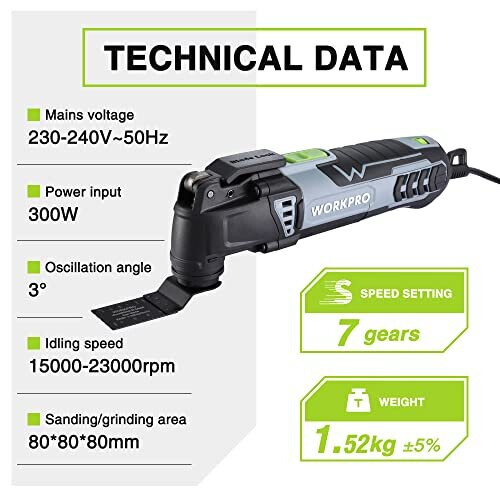 WORKPRO 300W Oscillating Multi-Tool, 7-Speed, 3 Oscillation, Quick-Change Blade System, 15-Piece Accessories Kit for Sanding/Cutting/Grinding 1