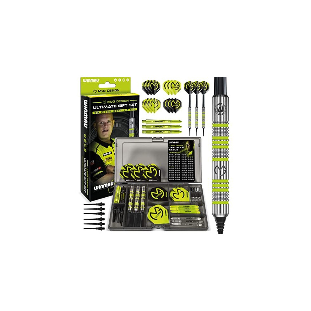 WINMAU Michael van Gerwen MvG Softip Gift Set - 50 Piece Darts Set with 4 sets of Shafts, 4 sets of Flights plus Accessories