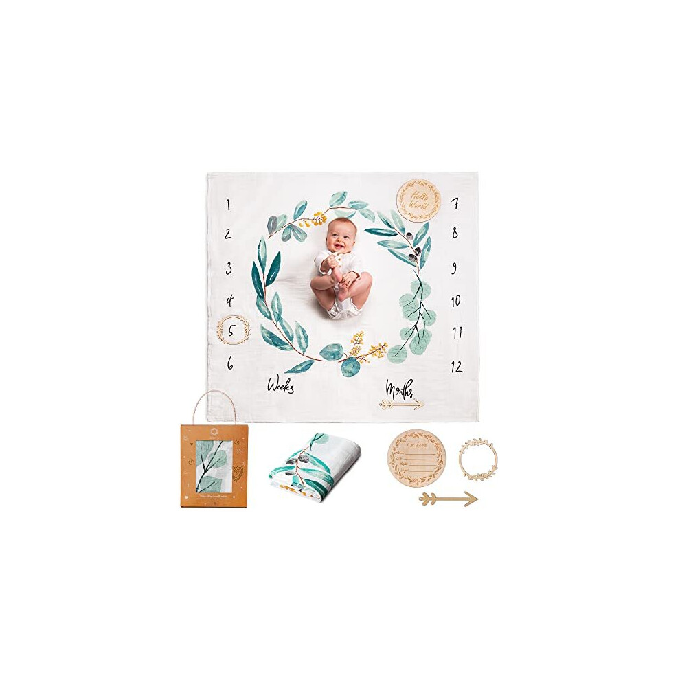 Baby Milestone Blanket | Cotton Muslin Swaddle Blanket | Monthly Photo Mat For Newborn Boy Or Girl, Unisex | Leaves | Personalised Baby Shower Present Odoxia