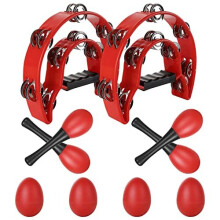 YOUNTHYE 2Pack Half Moon Tambourine Set, Double Row Tambourines for Adults with 4 Egg shakers and 4 Maraca Set, Perfect for Musicians, Singers, Music