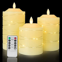 Battery Operated Led Flameless Candles :with Embedded String Lights,3 Pack Ivory Flickering Electric Candle lamp ,with 10-Key Remote Control and Cycle