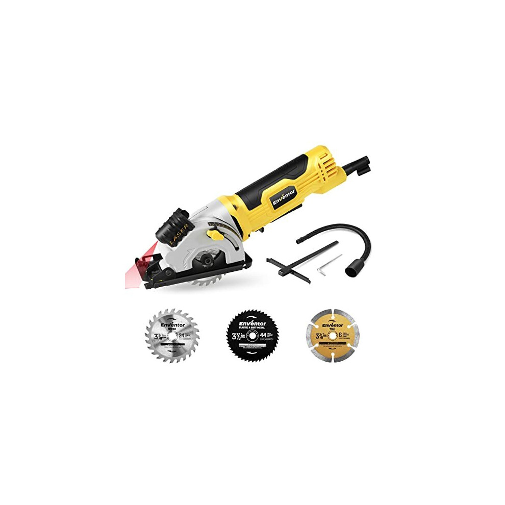 Mini Circular Saw, ENVENTOR 580W 4000RPM Compact Electric Circular Saws with 3 Blades(85mm), Laser Guide, Scale Ruler, Pure Copper Motor Mini Saw for
