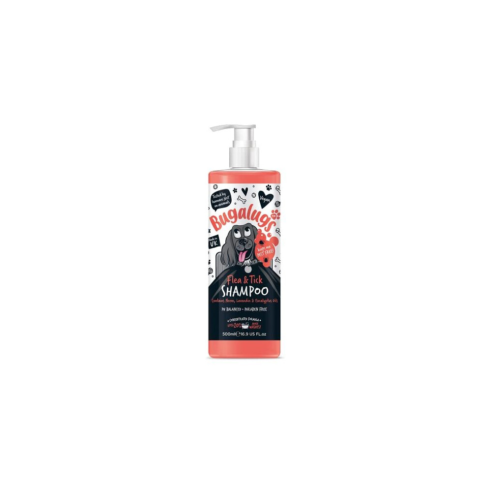 Bugalugs Flea & Tick Dog Shampoo Works on Smelly Dogs Contains Neem Oil & Eucalyptus Oils, PH Balanced Vegan