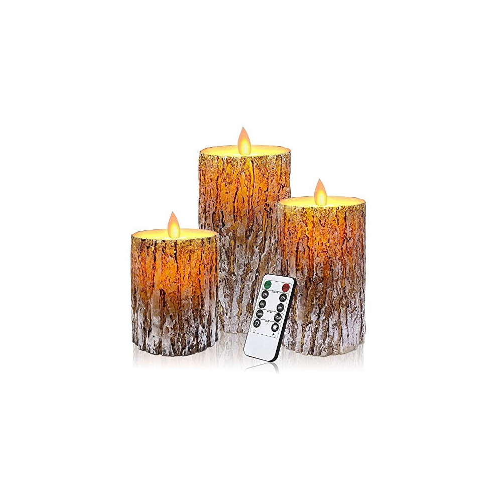 Aongray LED Candles with Pine Bark Effect Flickering Battery Operated Candles 4&quot 5&quot 6&quot Set of 3, Real Wax Candles Decorating-image-OPC-PB95FZY-NEW