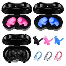 Swimming Ear Plugs 3 Pairs of Adult Swimming Ear Plugs and 3Pcs Swimming Nose Clips Reusable Silicone Swimming Earplugs for Swimming, Showering,
