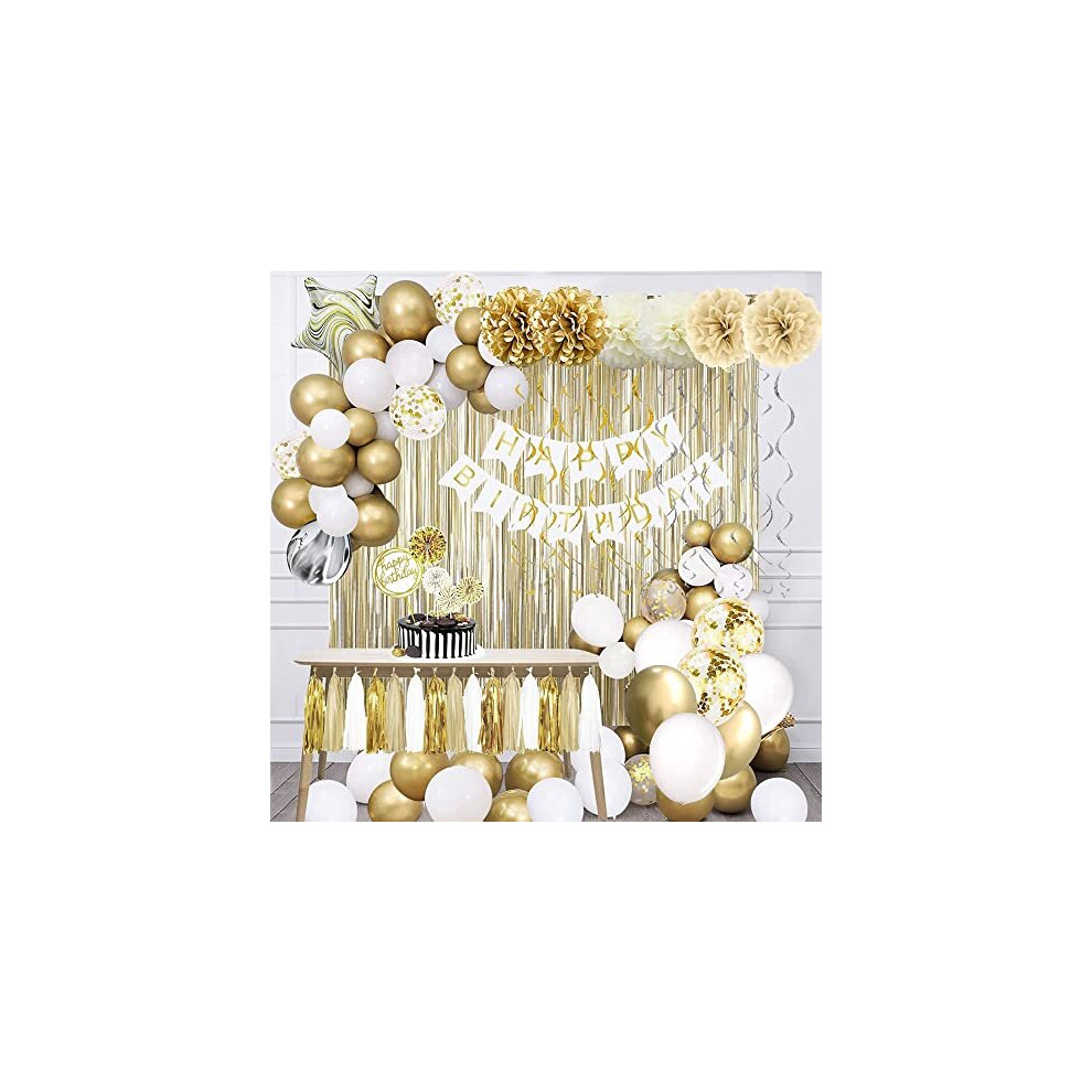NiCoLa Gold and White Birthday Party Decorations Set, Happy Birthday Decorations including Happy Birthday banner, Tissue Paper Poms, Latex Balloon,