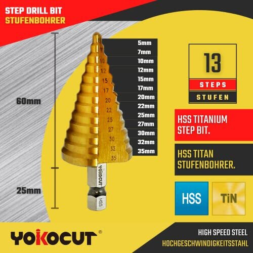 Step Drill Bit HSS Titanium Step Drill Bit For Metal Multiple Hole Drilling Cone Drill Bit Stepped Up Bits For DIY Lovers (5-35MM Step Bit) 2