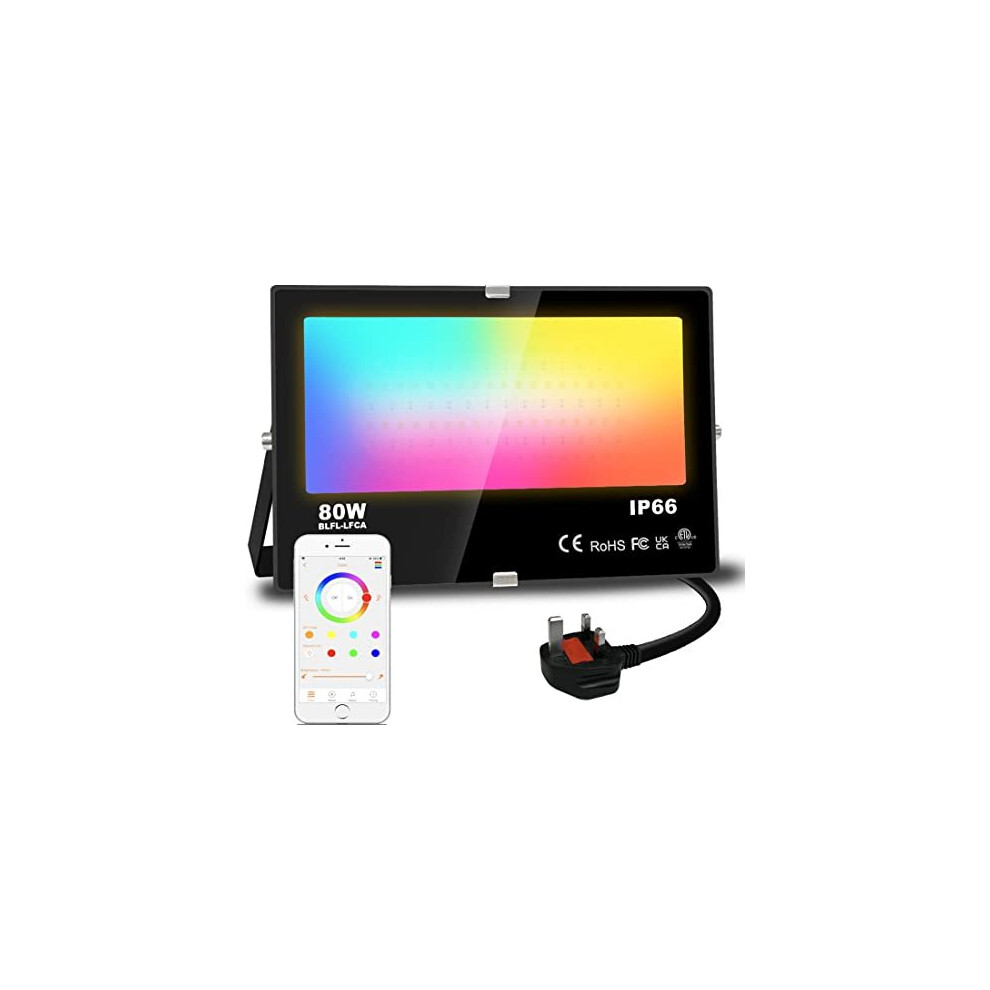 LED Floodlight 800W Equivalent 8000LM, Smart RGB Flood Lights Outdoor with APP Control, Colour Changing + Warm White, Timing - Scene - Garden