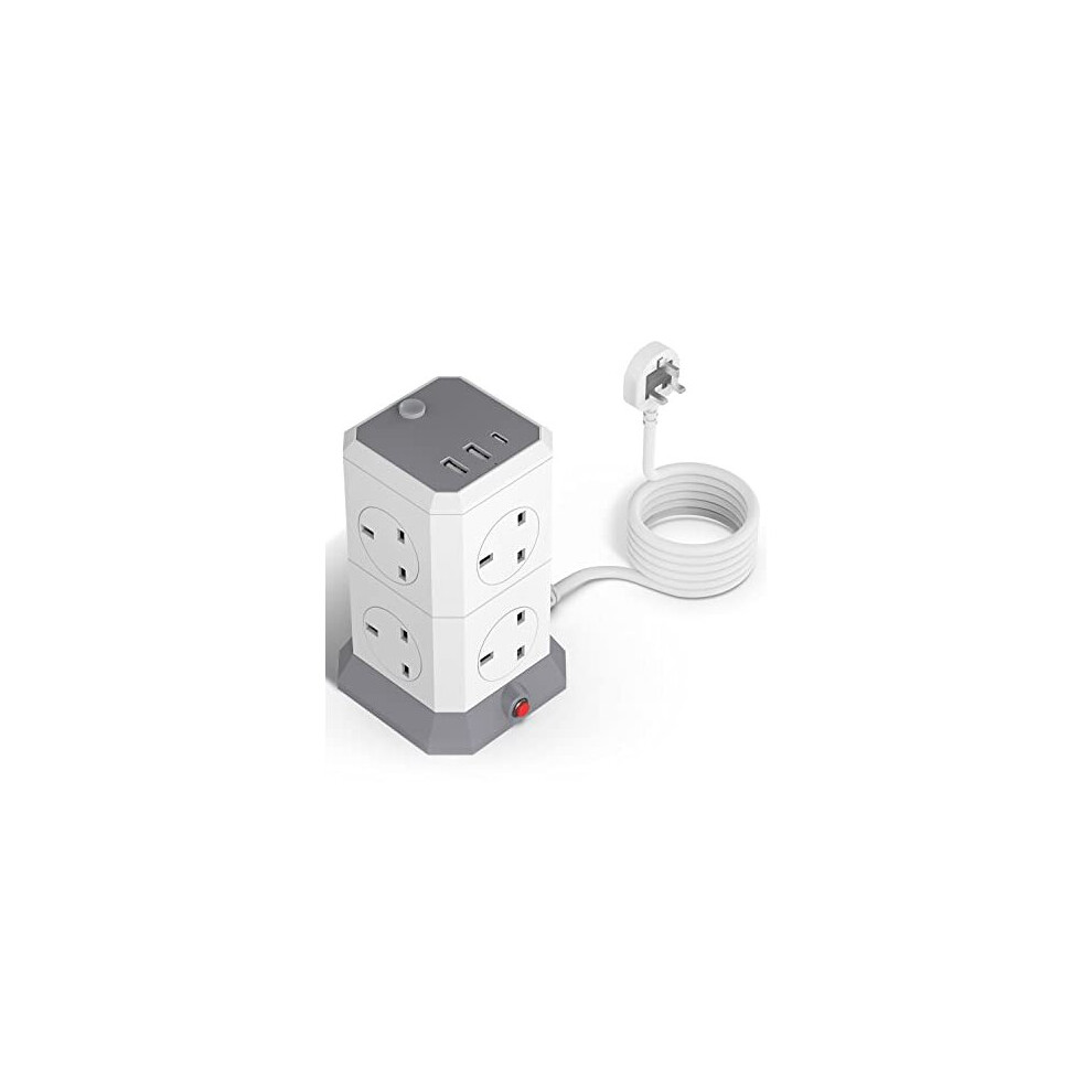 Tower Extension Lead, 8 Way Outlets Surge Protected Extension Tower With 3 Usb Ports (3A), 3250W Extension Cord, Overload Protection, 2M Extension 704830474481