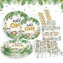 Heboland Wild One Birthday Decorations Plates Set for 25 Guests, Boys Jungle Theme Party Decorations Paper Plates Cups Napkins Straws Tableware Set