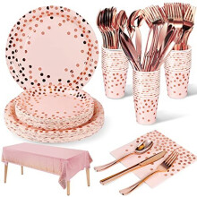 Nkaiso Pink and Rose Gold Party Tableware 141 Pieces Paper Tableware Set Includes Paper Plates Napkins Cups Knives Forks Spoons for Wedding Shower