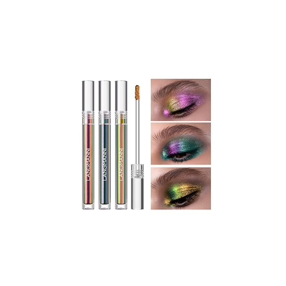 Langmanni 3 Pcs Liquid Chameleon Eyeshadow Makeup Set,Metallic Changing Long-Lasting Holographic Glitter Multichrome Eyeshadows