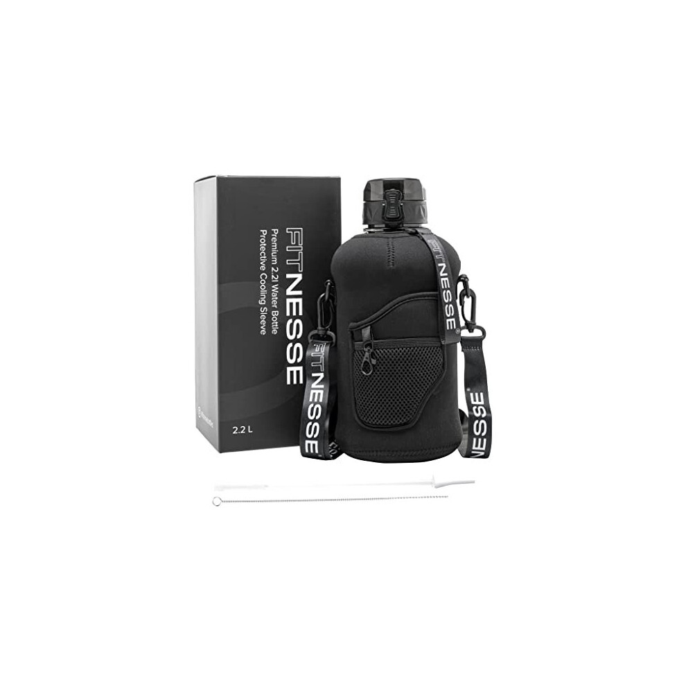 2.2L Black Water Bottle | Large Gym Water Bottle | Hydrate Water Bottle For Gym With Straw & Storage Sleeve | Eco-friendly Drinks Bottle With Shoulder