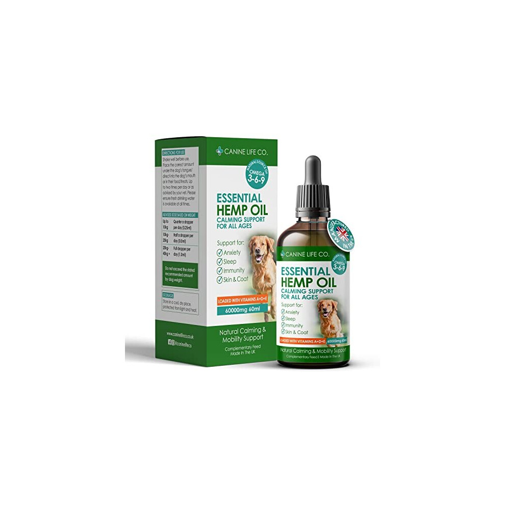 Canine Life Co. Hemp Oil For Dogs 60ml, 60,000mg - Dog Calming Drops - Omega 3,6,9 For Dogs - Supports & Maintains Healthy Joints - Made In UK