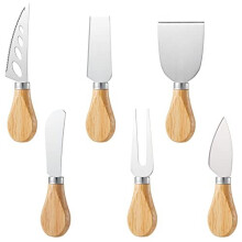 Daucin Cheese Knife Set, 6 Pcs Stainless Steel Cheese Slicer Cheese Fork Cheese Shovel with Oak Handle, Ergonomic Design Cheese Cutter for Family