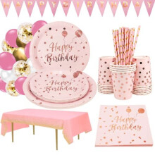 Pink and Gold Party Supplies Pink Birthday Plate Happy Birthday Party Cutlery Include Party Plate Napkins Cup Straws Tablecloths for Baby Shower Girls