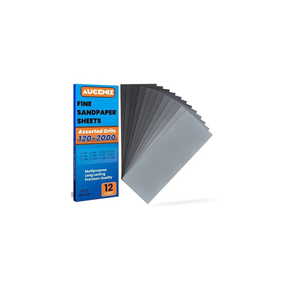 Aucenix 12Pcs Sandpaper, 120 To 2000 Mixed Grits Assorted Sanding Paper Pack For Wood, Fine & Coarse Wet & Dry Waterproof Abrasive Paper Sheets For 735626247743