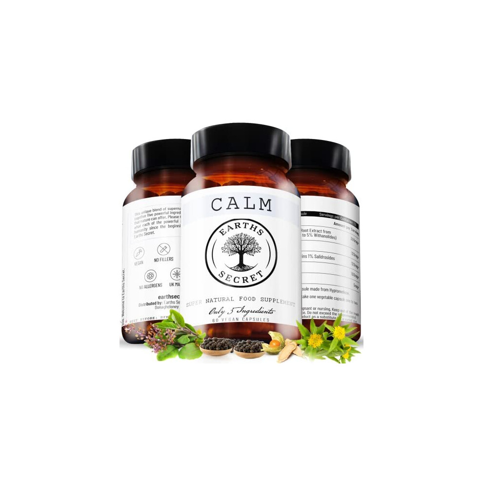 Earths Secret Calm | with Award Winning Organic KSM-66 Ashwagandha | High Strength Supplements w/L-theanine | Soothing Stress & Anxiety Ashwaganda