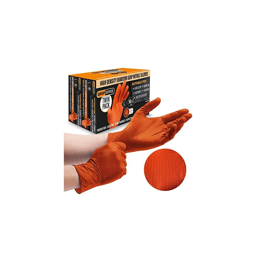 Gripsense Nitrile Gloves (2 Packs of 50) - High Density Diamond Grip Orange Gloves - Latex & Powder Free Orange Nitrile Gloves Large - Mechanic Gloves