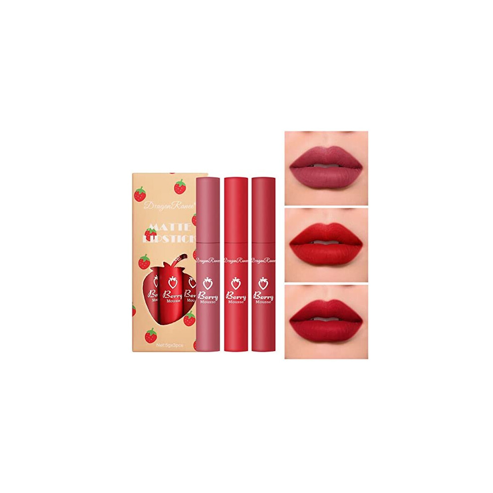 3Pcs Matte lipgloss Set, Strawberry Matte Lipstick Set ,Matte Nude liquid Long-Lasting Wear Non-Stick Cup Not Fade Waterproof Lip Gloss, Makeup Gift