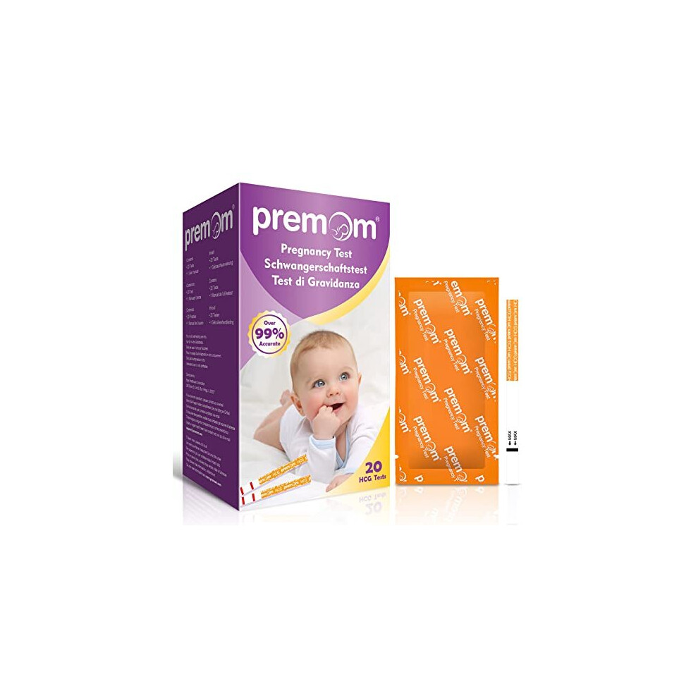 Premom hCG Pregnancy Test Strips: 20 Individually Wrapped Pregnancy Test Kit Powered by Premom Ovulation Predictor | hCG Urine Pregnancy Test Strips