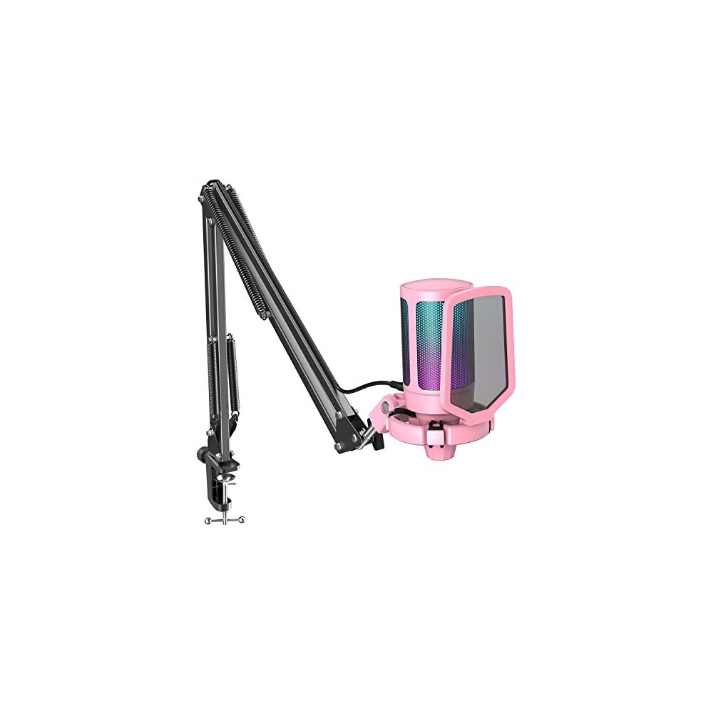FIFINE Streaming USB Microphone Kit, PC Gaming Mic Set, Condenser Cardioid RGB Mic for Desktop, Laptop, with Tap-to-Mute, Gain Knob-A6T Pink