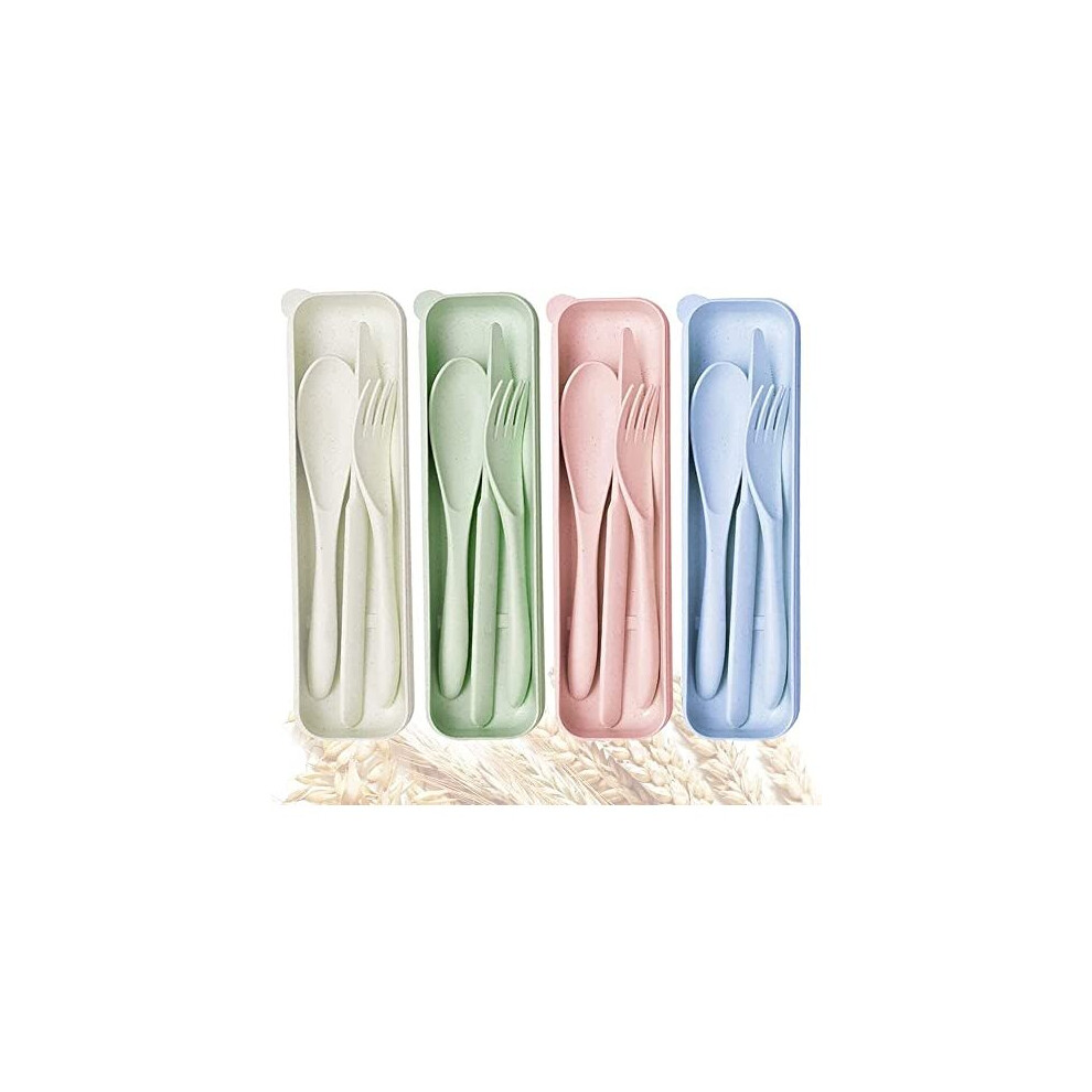4 Portable Plastic Travel Cutlery Set with Case for Camping Picnic, Reusable Spoon Fork Sets for Outdoor Tableware, Eco Friendly, Beige Green Pink