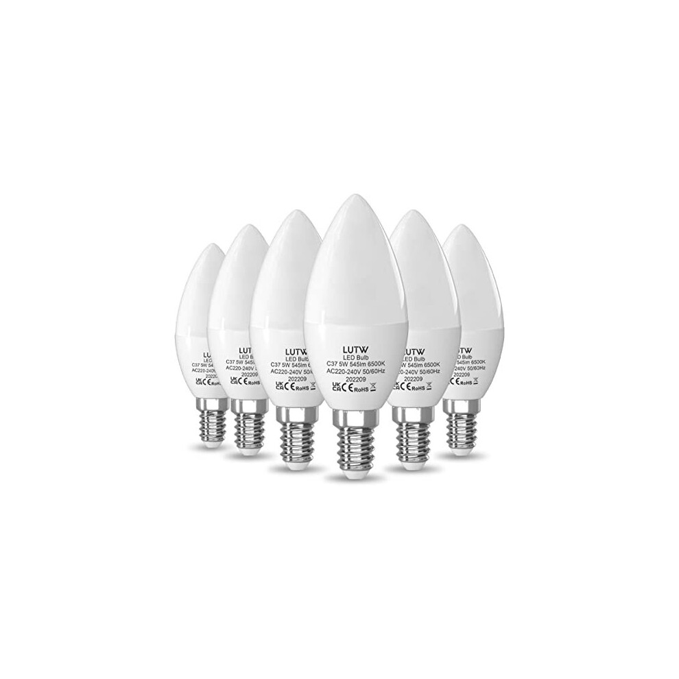 LUTW E14 LED Light Bulb Cool White, 40W SES Bulb Equivalent Candle Bulb, 5W 545lm 6500K 160Beam Angle C37 Screw Light Bulbs, Non-dimmable, Pack of 6