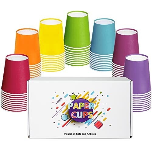 70PCS Paper Cups, ENSINE Rainbow Party Cups 7 Colors, 9 Ounce Paper