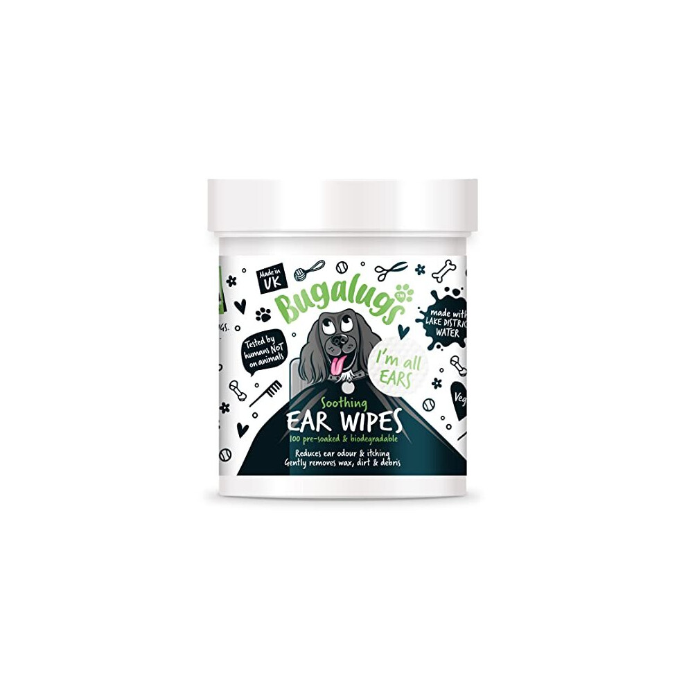 Bugalugs Dog Ear Cleaner Dog Wipes 100 Biodegradable Textured Pre-Soaked Dog Ear Wipes. Pet Wipes Dog Ear Cleaner Solution Stops Head Shaking, Itching