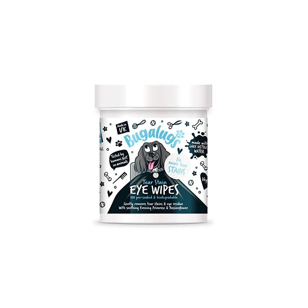 Bugalugs Dog Eye Wipes 100 Biodegradable Textured Pre-Soaked Dog Wipes. Safe & Easy Cleaning For Dogs - Pet Eye Wipes Remove Tear Stains, Dog Eye