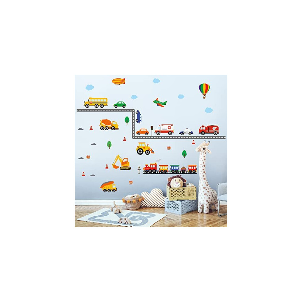 Decowall Boys Ds-8047 Construction Vehicles Road Wall Stickers Truck Excavator Cars Transportation Decals For Kids Bedroom Nursery Playroom Living