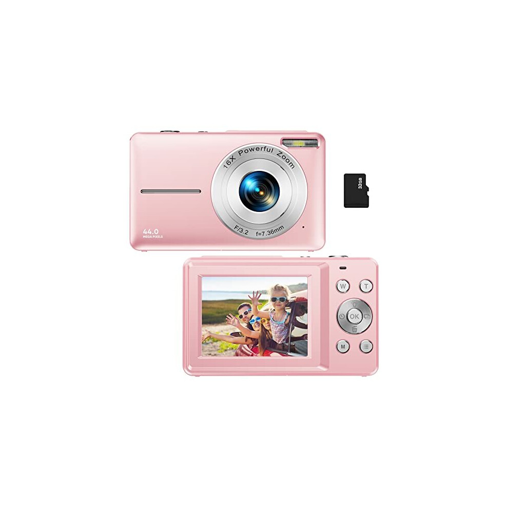 Digital Camera 1080P Children's Camera with 32GB Card FHD 44MP Vlogging Camera with LCD Screen 16x Zoom Compact Portable Mini Rechargeable Camera for