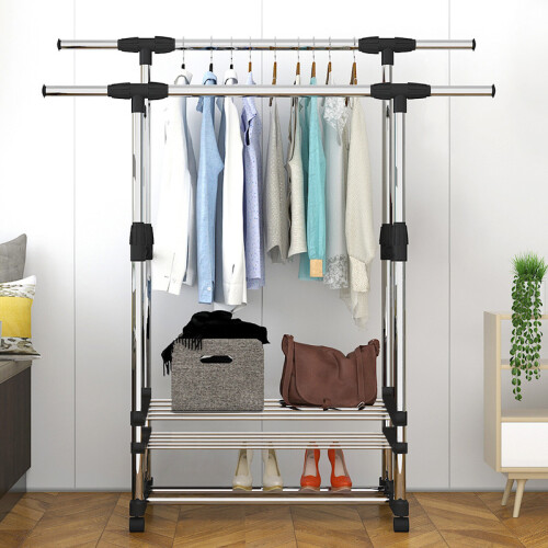Double Rail Clothing Garment Rack on Wheels with Shelves Dual Bar