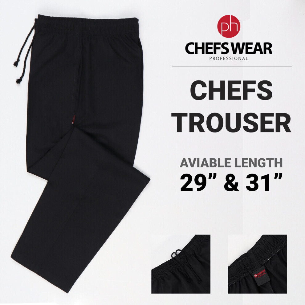 (29" - SHORT, XS) BLACK CHEF TROUSER Kitchen Cooking Chefs Trousers