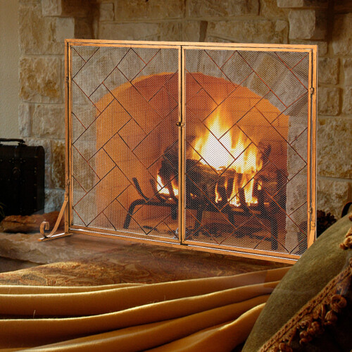 Costway Double-Door Fireplace Screen 2-Panel  Metal Spark Guard Gate Cover 2