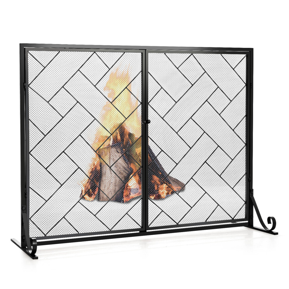 Double-Door Fireplace Screen 2-Panel  Metal Spark Guard Gate Cover