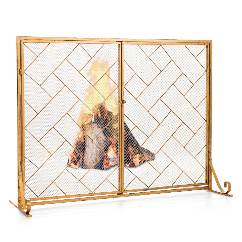 Double-Door Fireplace Screen 2-Panel  Metal Spark Guard Gate Cover