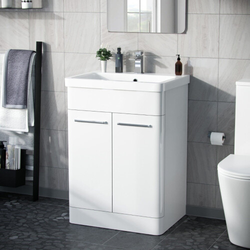 NES Home Afern 600mm MDF Vanity Unit Cabinet  & Wash Ceramic Basin White - Flat Pack 1