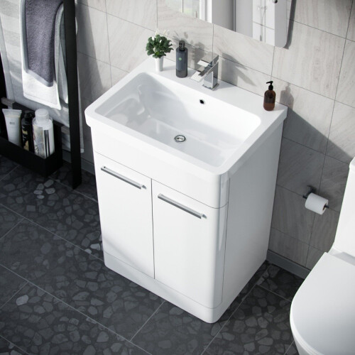 NES Home Afern 600mm MDF Vanity Unit Cabinet  & Wash Ceramic Basin White - Flat Pack 2