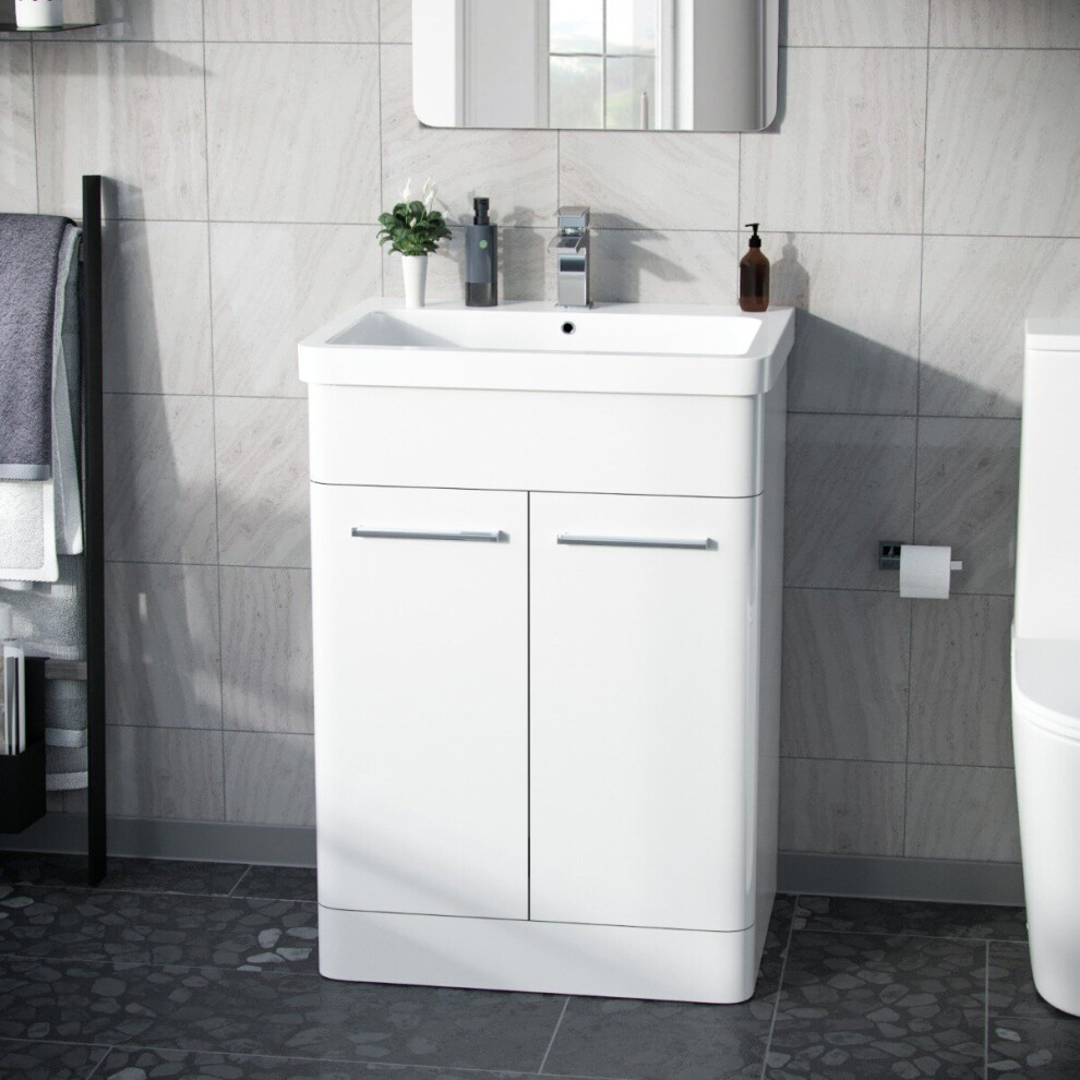 Nes Home Afern 600Mm Mdf Vanity Unit Cabinet & Wash Ceramic Basin White - Flat Pack