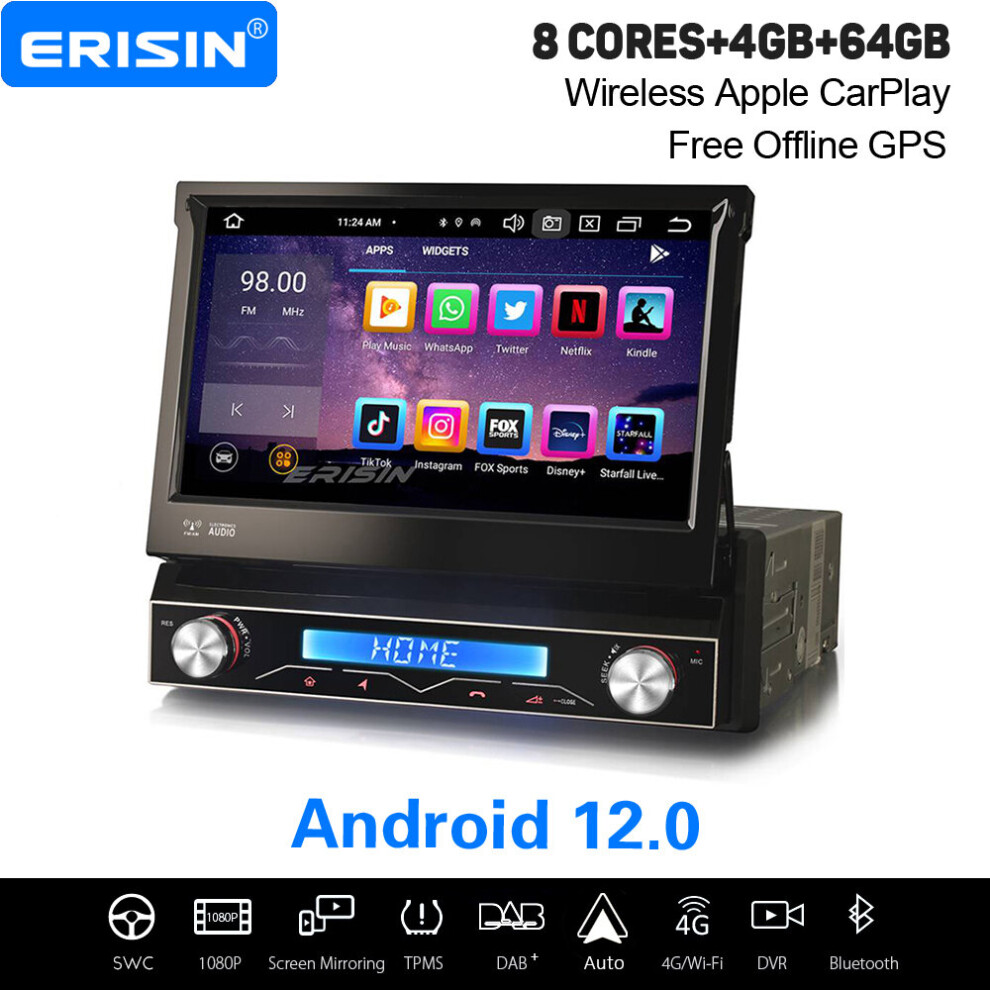 Android 12.0 Universal 1DIN Car Stereo Wireless CarPlay 4GB+64GB 7" IPS DSP BT5.0 OBD2 DVD WiFi DAB+ Satnav