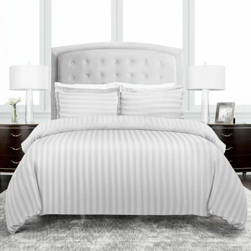 (King) Luxury Satin Stripe Duvet white Reversible Quilt Cover with Pillowcase