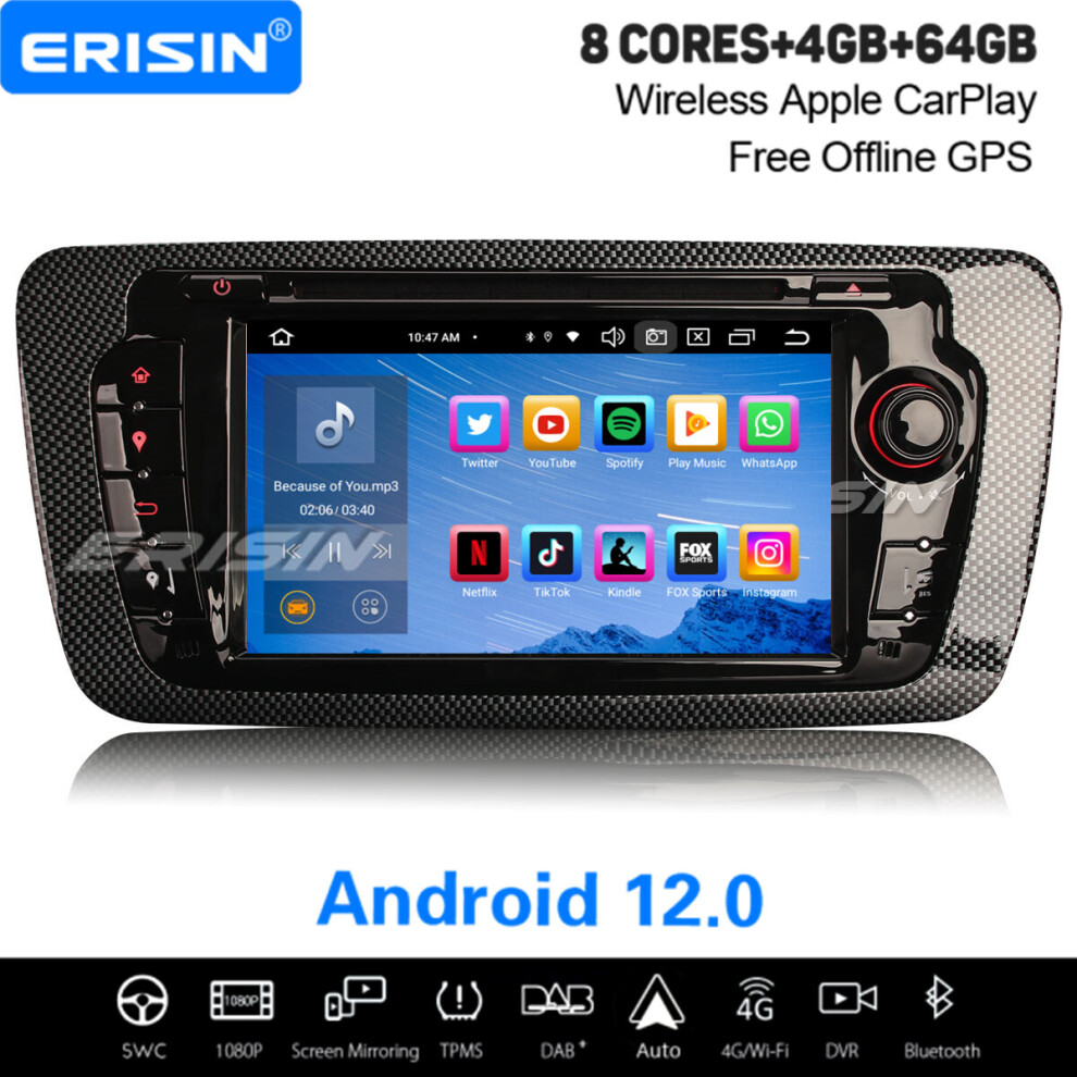 8-Core Android 12 Car Stereo For Seat Ibiza 4Gb+64Gb Satnav Dab+ Carplay Wifi Obd2 Ips Bluetooth Dsp 737655209334