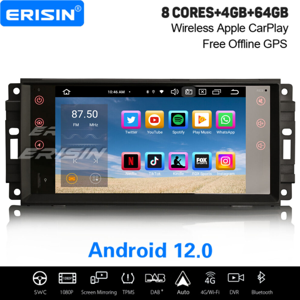 8-Core Android 12 Car Stereo 64Gb Satnav Dab+ Carplay For Jeep Compass Wrangler Dodge Journey Chrysler 737655209280