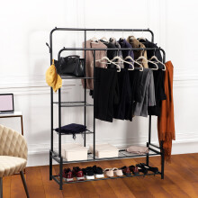 Freestanding Double Clothes Rail with 2 Shoe Racks and 3 Shelves