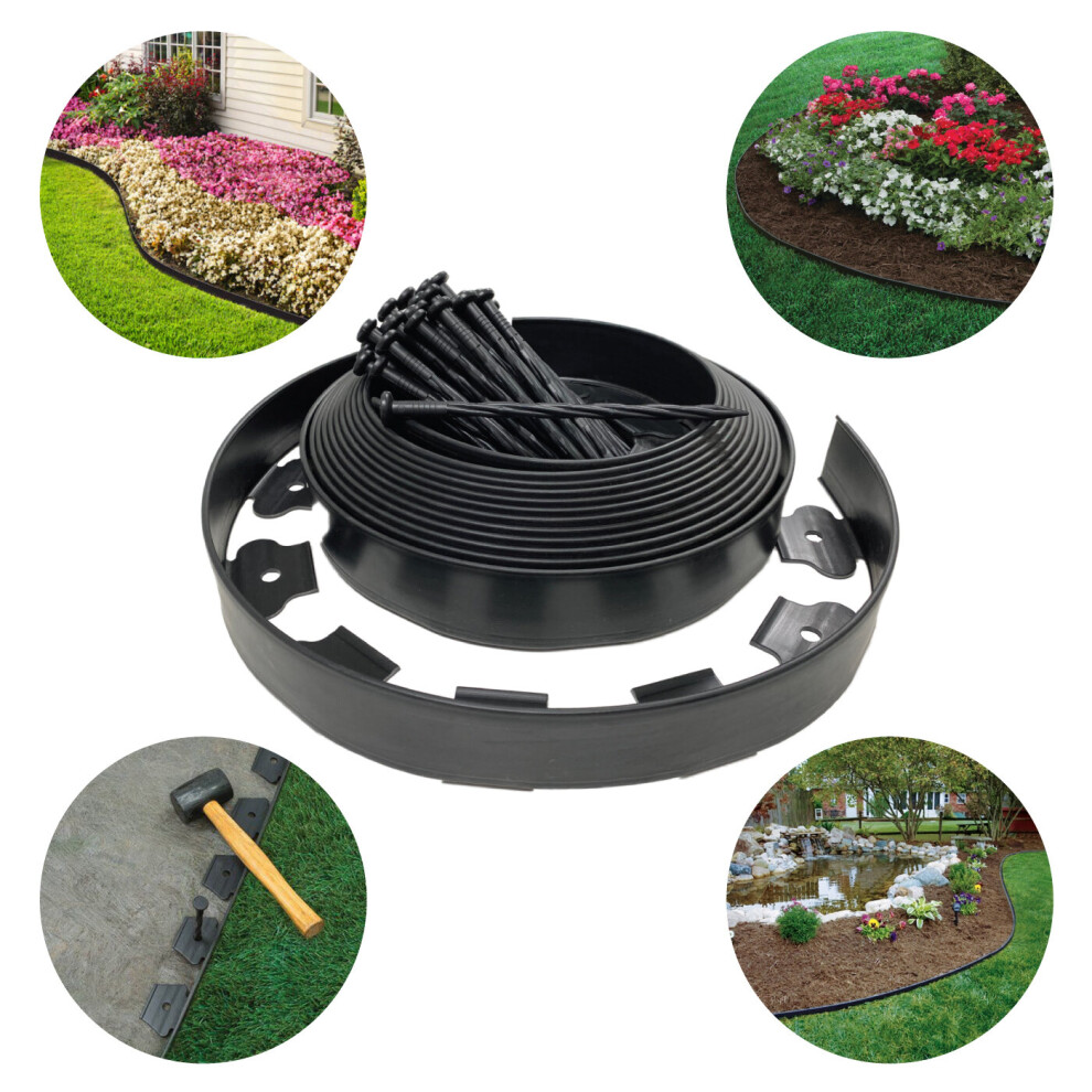 Plastic Lawn Garden Border Edging 10M Meter Flexible Plastic Lawn Edging Border Fence With 30 Securing Pegs Black 50mm Height BorderSnake®