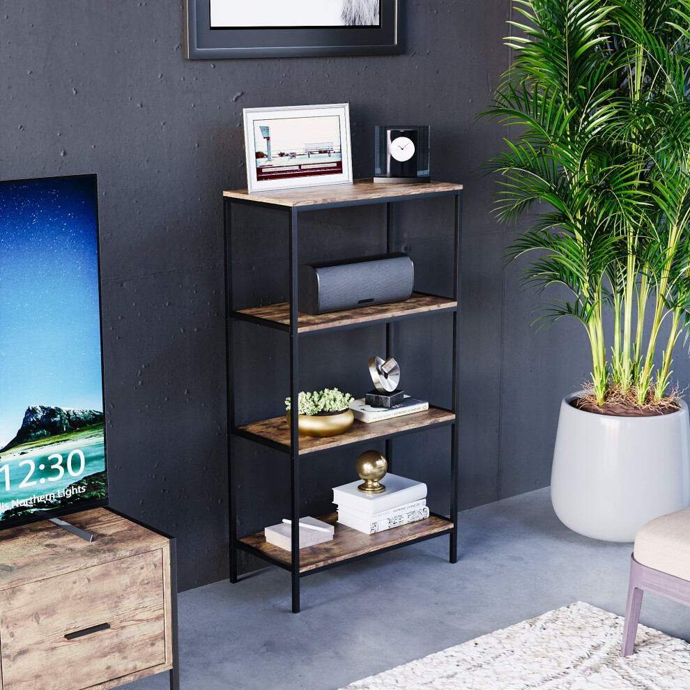 Vida Designs (Dark Wood) Brooklyn Industrial Bookcase Wooden Shelves 4 Tier Brown