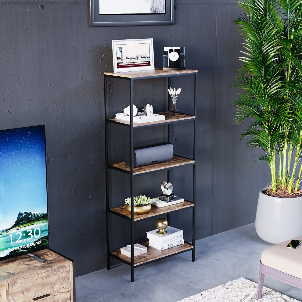 Vida Designs (Dark Wood) Brooklyn Industrial Bookcase Wooden Shelves 5 Tier Brown